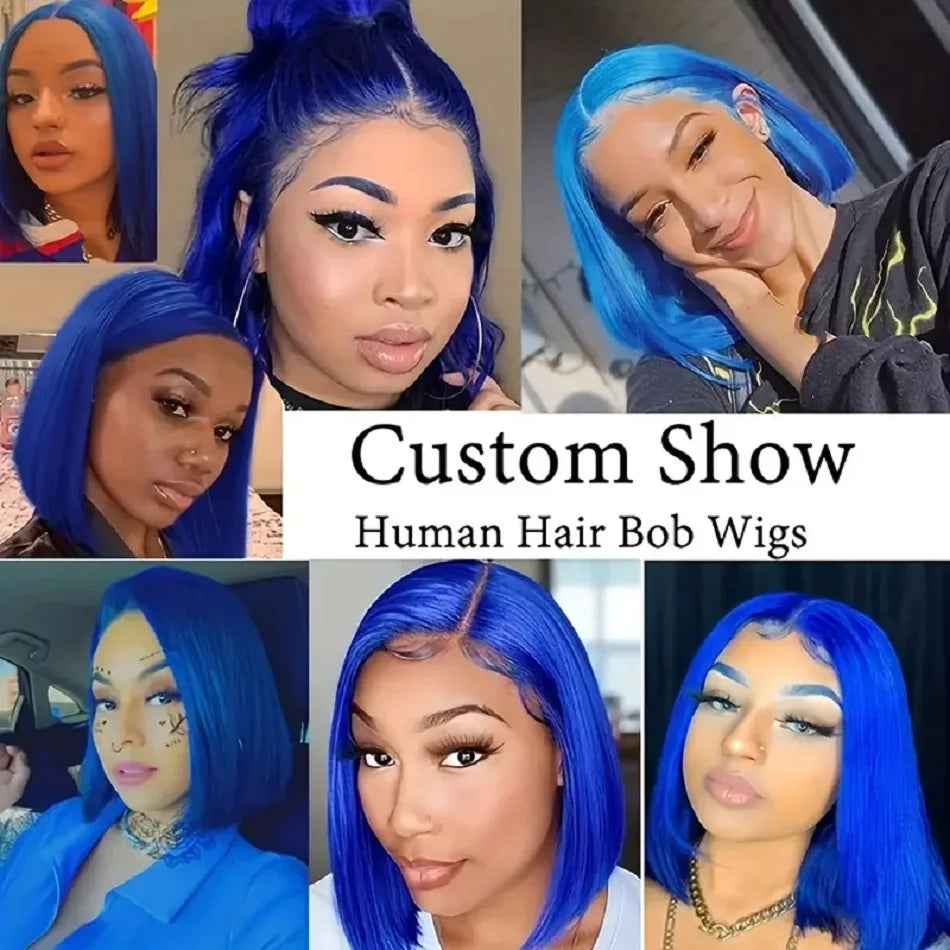 10 12 14 Inches Blue Straight Lace Frontal Human Hair Wigs Navy Blue 13x4 Lace Front Wig Royal Blue Colored Short Bob Wigs