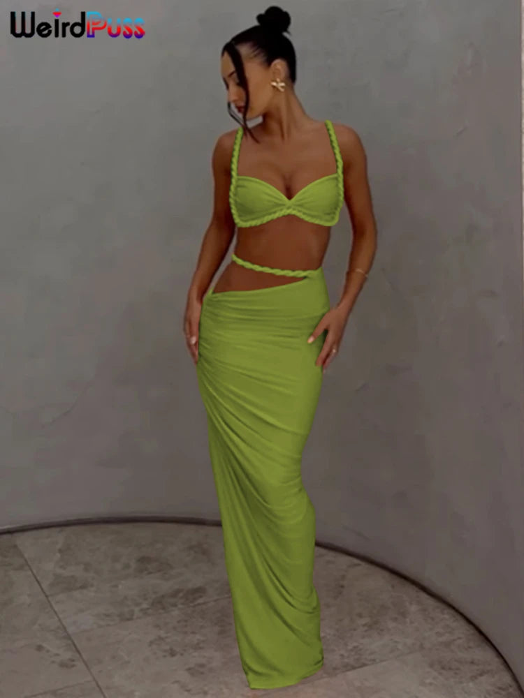 Weird Puss Square Collar 2 Piece Set Women Bra+Skinny Long Skirts Bandage Ruched 2025 Summer Vacation Beach Party Trend Suits