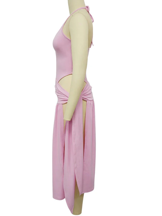 Kricesseen New Chic Solid Bodysuits Top And Tie Waist Ruched Skirt Set For Women Swimsuits Set Night Clubwear Vacation Outfits