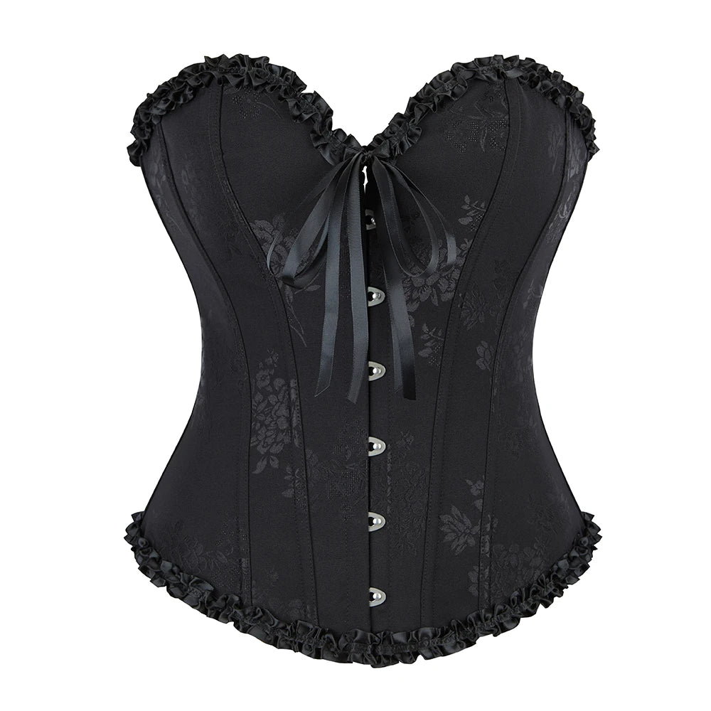 Women Floral Overbust Corset Waist Bustier Top Black White Red Blue Korset Shaper