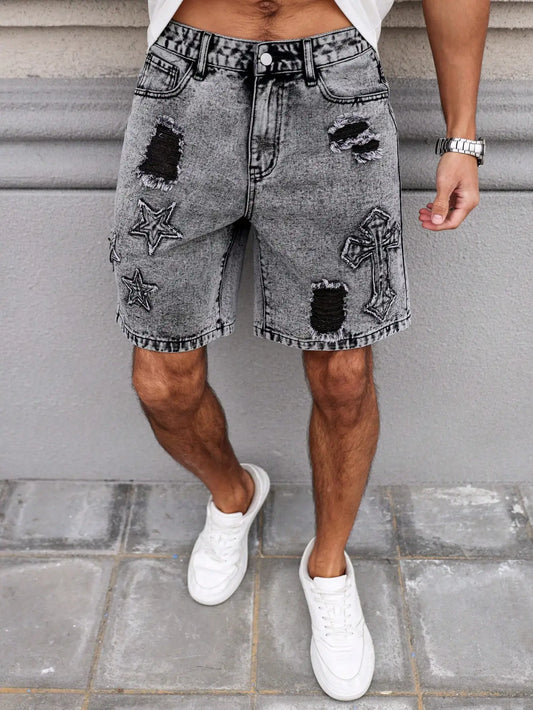 Summer Denim Shorts. Straight-leg fit. Ripped design. Dark gray denim embroidered shorts, men's jeans