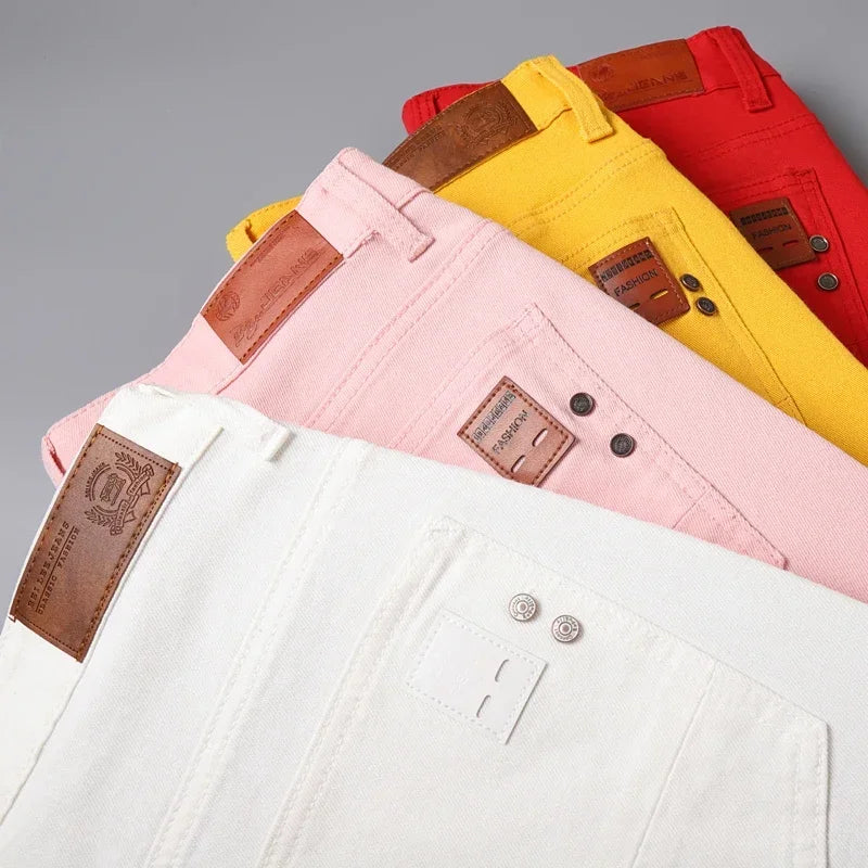 White Yellow Pink Red Fashion 5 Color Fashion Men's Stretch Jeans Slim Streetwear Korean Business Straight Casual Denim Trousers