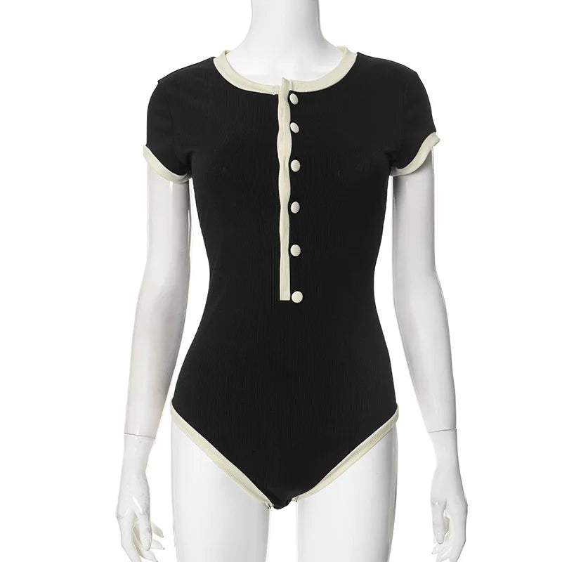 STYLISH LADY Ribbed Button Bodysuits 2025 Summer Women Short Sleeve O Neck Black Nude Sexy Club Street Bodycon Rompers