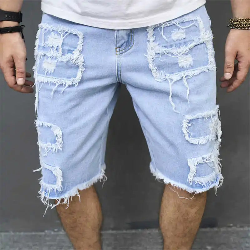 Denim Hole Knee Length Men Washed Jean Mid Waist Spliced Ripped Pockets Loose Fit Distressed Straight Pants 2024 Casual