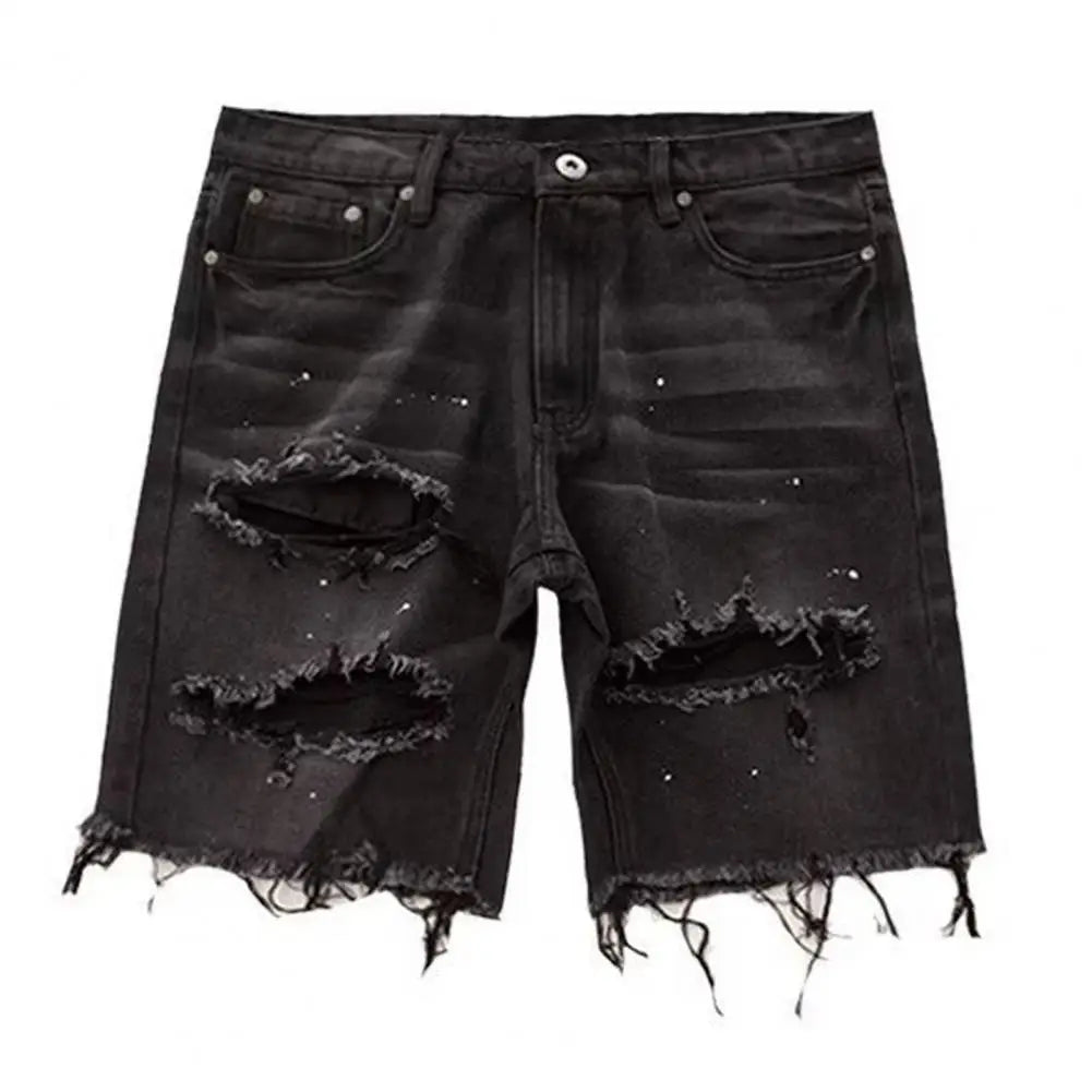 Deformed-resistant Denim Shorts Men's Summer Distressed Denim Shorts Straight Fit Ripped Holes Knee Length Jeans with Multi