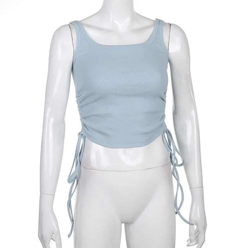 Ruched Sleeveless Tank Tops Tees Women Solid Casual Fashion Crop Top Ladies High Street Tie Up Croptop Summer Fitness