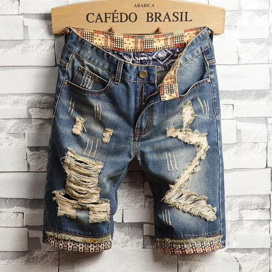 Brand Clothing New Summer Ripped Hole Denim Shorts Men Cotton Thin Straight Retro Biker Knee Length Short, Male Streetwear