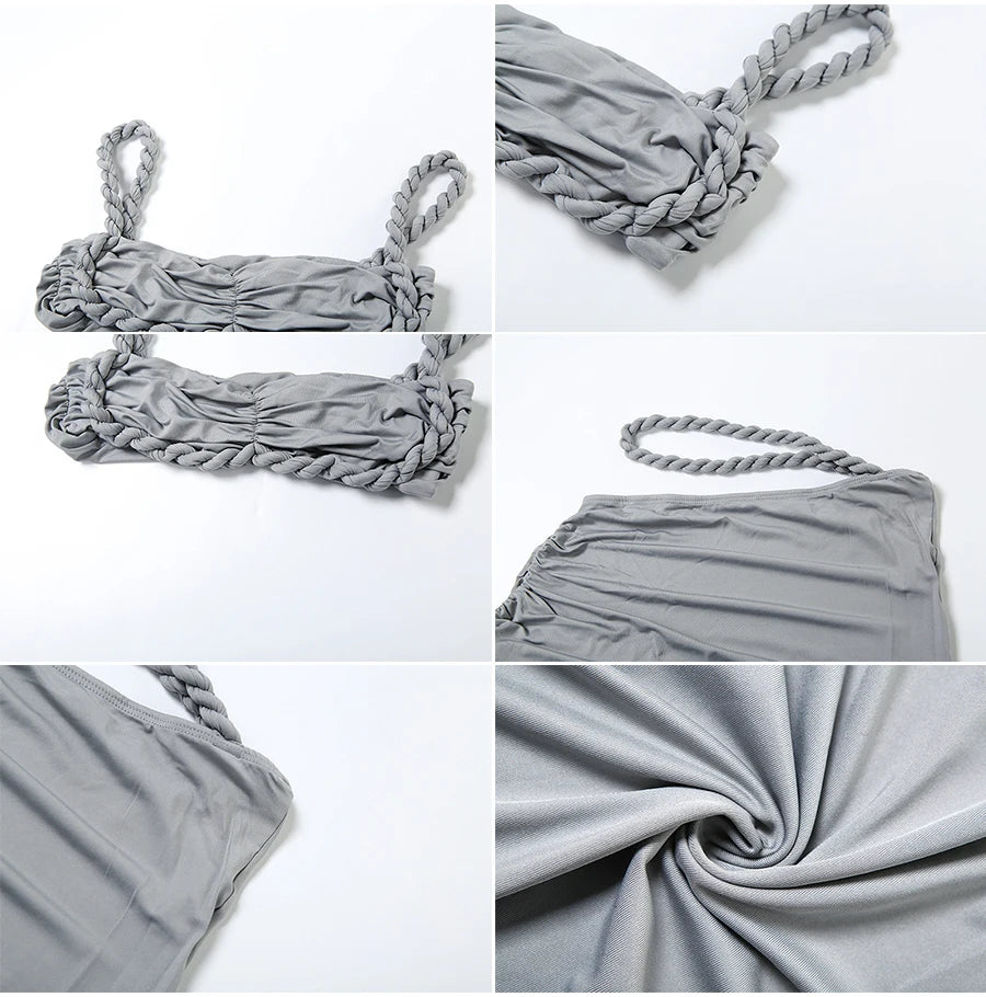 Weird Puss Square Collar 2 Piece Set Women Bra+Skinny Long Skirts Bandage Ruched 2025 Summer Vacation Beach Party Trend Suits