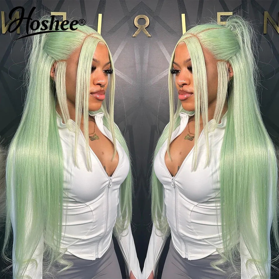 Mint Green Straight Lace Front Human Hair Wigs For Women Lake Blue Colored Human Hair Wigs 13x4 Lace Frontal Wig Pre-Plucked