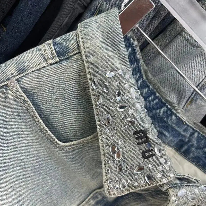 Vintage Fashion High Waist Diamonds A-line Skirt Trend Sexy Pocket Skirt Clothing Fashionable Distressed Mini jeans skirt