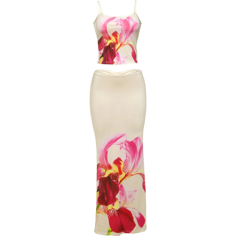 Weird Puss Flower Print 2 Piece Set Women Low-Neck Backless Crop Tops+Stretch Long Skirts Vacation Trend Beach Style Outfits