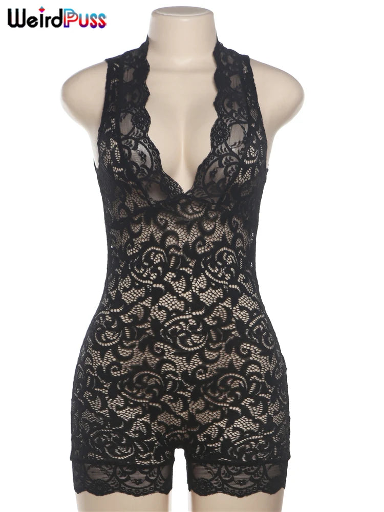 Weird Puss Lace v-Neck See-Through Rompers Woman Summer Sexy Thin Solid Sleeveless Low-Neck Stretch Peach Hip Skinny Playsuit