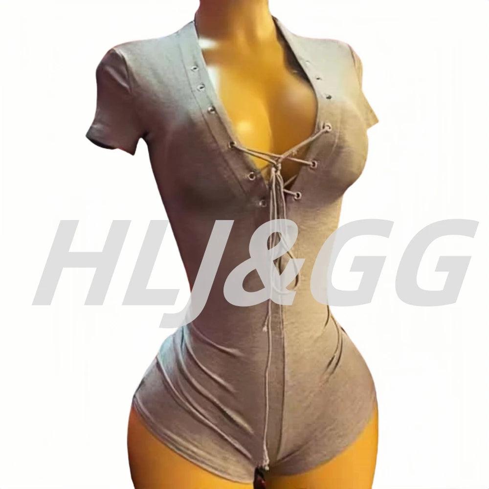 HLJ&GG Sexy Hollow Out Bandage Bodycon One Piece Rompers Women V Neck Short Sleeve Slim Jumpsuits Fashion Overalls Streetwear