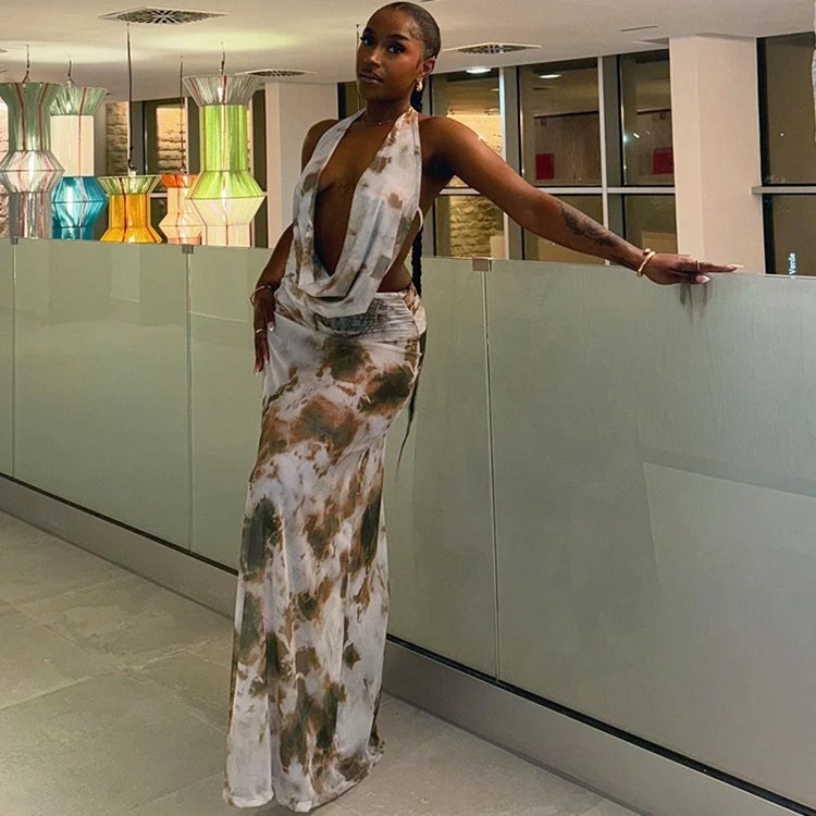 STYLISH LADY Tie Dye Printed2 Piece Set Women Sleeveless Backless Crop Top and Maxi Skirt Suits 2025 Summer Beach Holiday Outfit