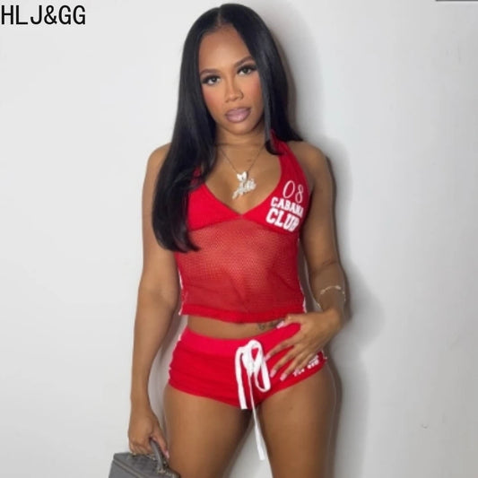 HLJ&GG Red Fashion Mesh Letter Print Two Piece Sets Women Halter Slim Crop Top+Drawstring Shorts Outfits Y2K Summer Streetwear