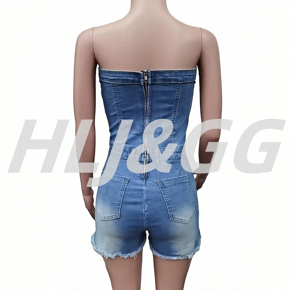 HLJ&GG Blue Fashion jeans Cross Design Bodycon One Piece Rompers Women Off Shoulder Sleeveless Backless Slim Cowboy Jumpsuits
