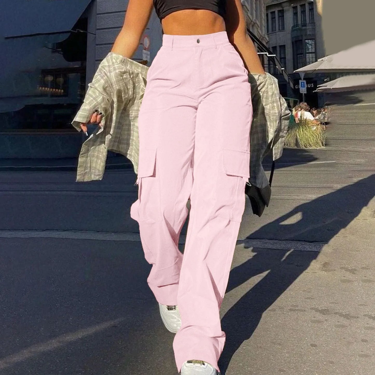 Women Cargo Pants With Pockets Stretch High Waisted Casual Sweatpants Straight Wide Leg Long Pants Sporty Jogger Trouser