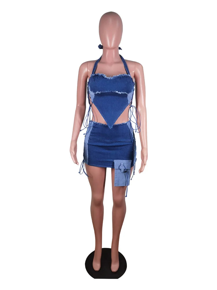Weird Puss Hollow Bandage jeans 2 Piece Set Women Irregular Halter Zipper Sleeveless Crop Tops+Distressed Patchwork Skirts Suit
