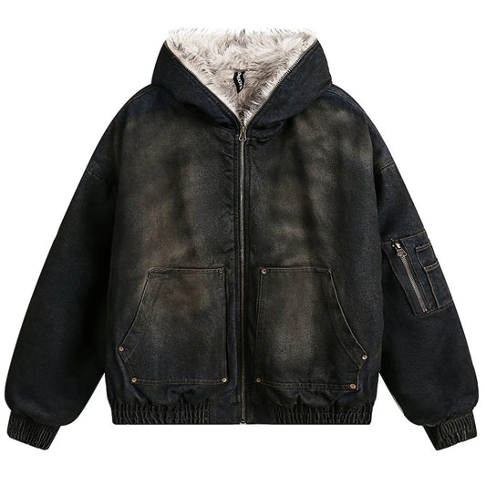 Vintage Denim Parkas Fur Warm Padded Jackets Men Streetwear Harajuku Oversized Bubble Coat Outwear