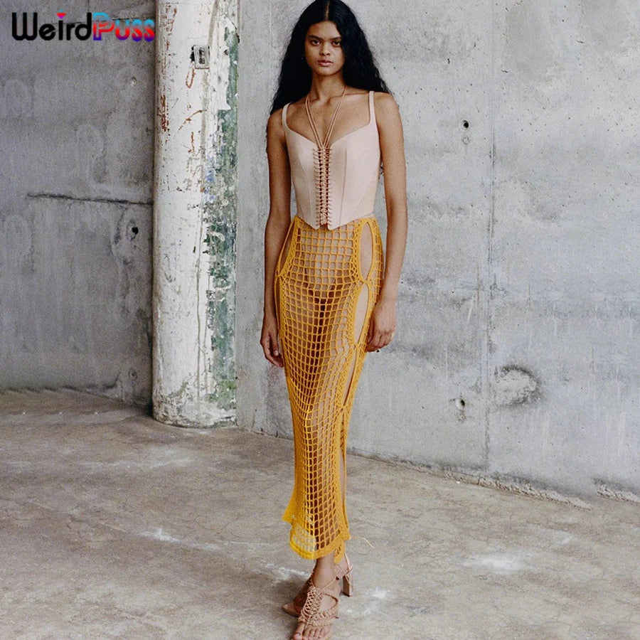 Weird Puss Summer Knit Sexy Long Skirt Women Crochet Elastic See-Through Hollow Out Grid Party Wild Streetwear Solid Bottoms