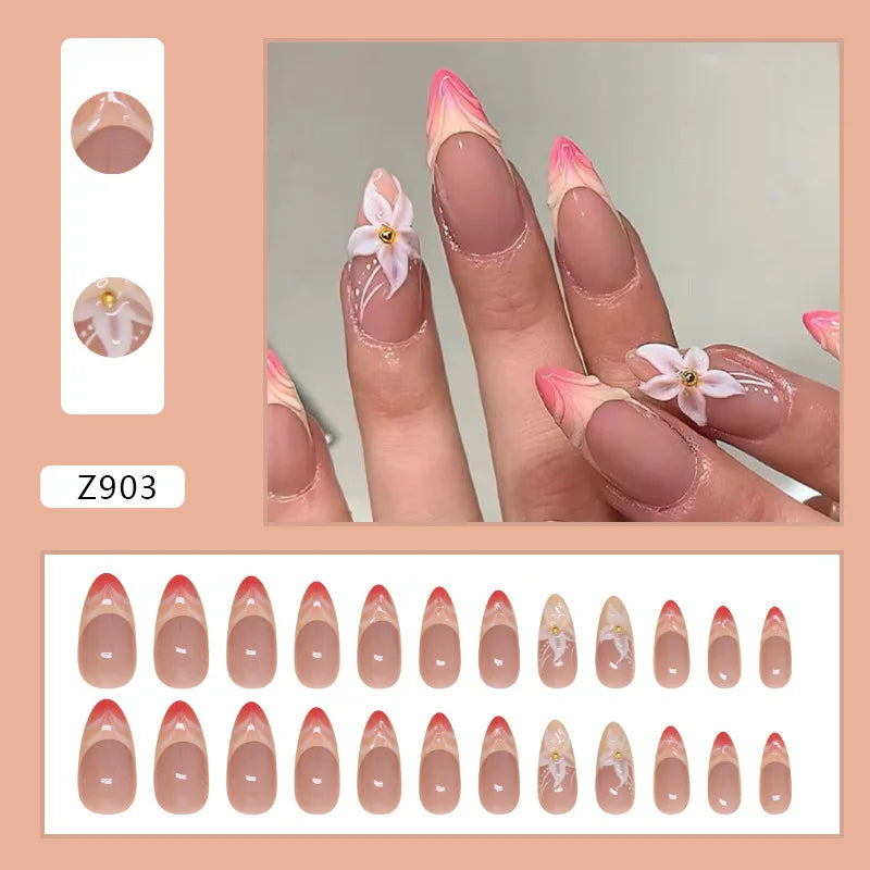 24pcs 3D Pink Flower Design Fake Nails Ins Gradient Pink Sweet False Nail Detachable French Almond Press on Nails for Women Girl