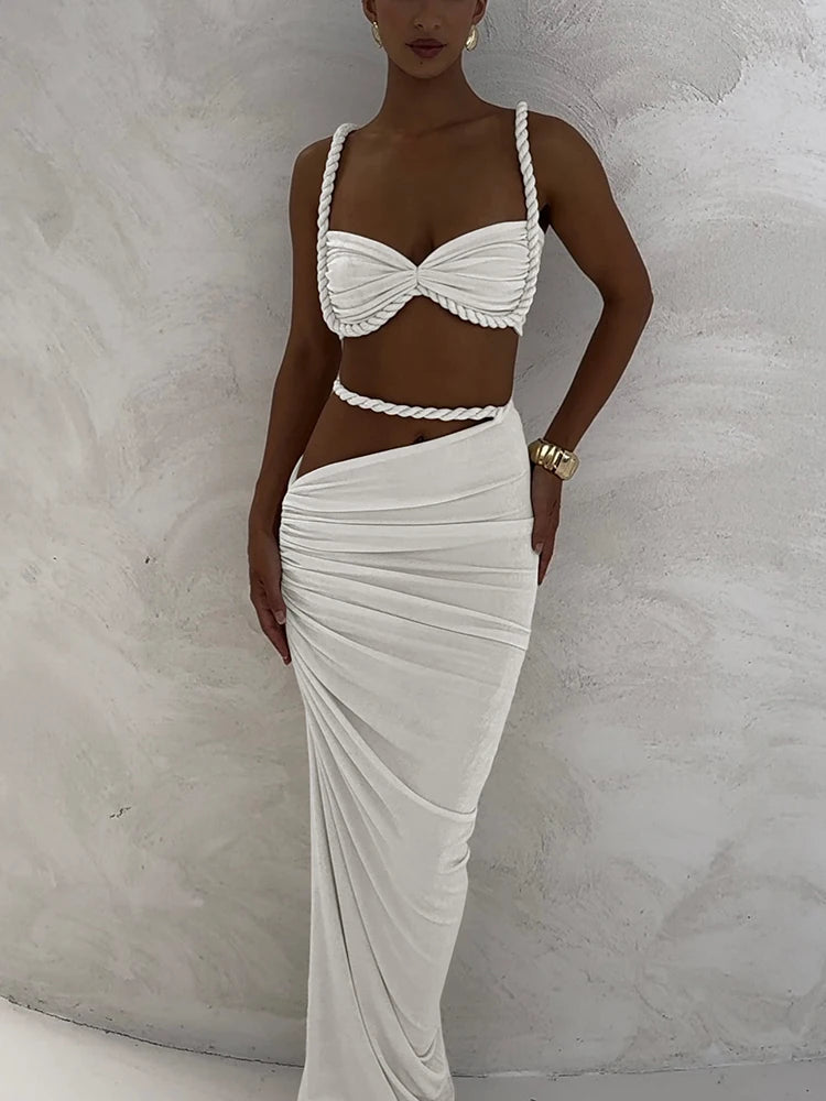 Weird Puss Square Collar 2 Piece Set Women Bra+Skinny Long Skirts Bandage Ruched 2025 Summer Vacation Beach Party Trend Suits