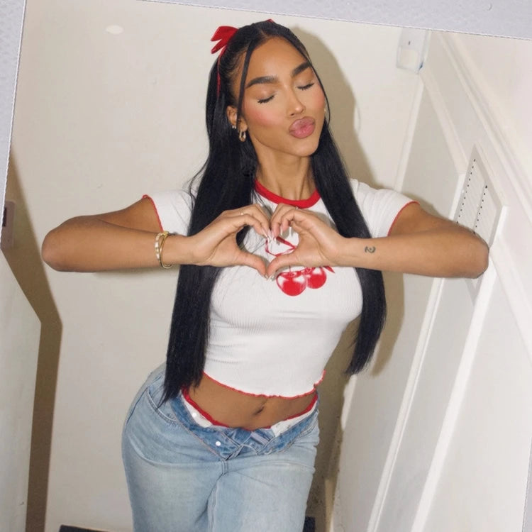 STYLISH LADY Cherry Printed Crop Tops 2025 Summer Women Short Sleeve O Neck Slim Ribbed Contrast Color Casual Street T Shirts