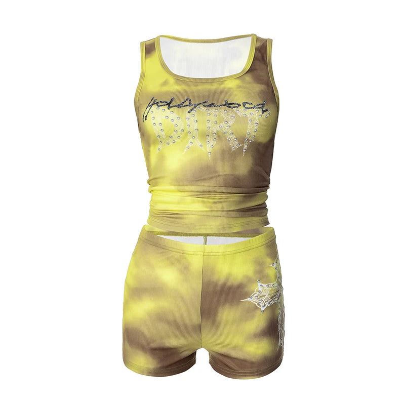 Weird Puss Rhinestones Letter 2 Piece Set Women Tracksuit Casual Ribbed Tank Tops+Bike Shorts Matching Skinny Street Outfits