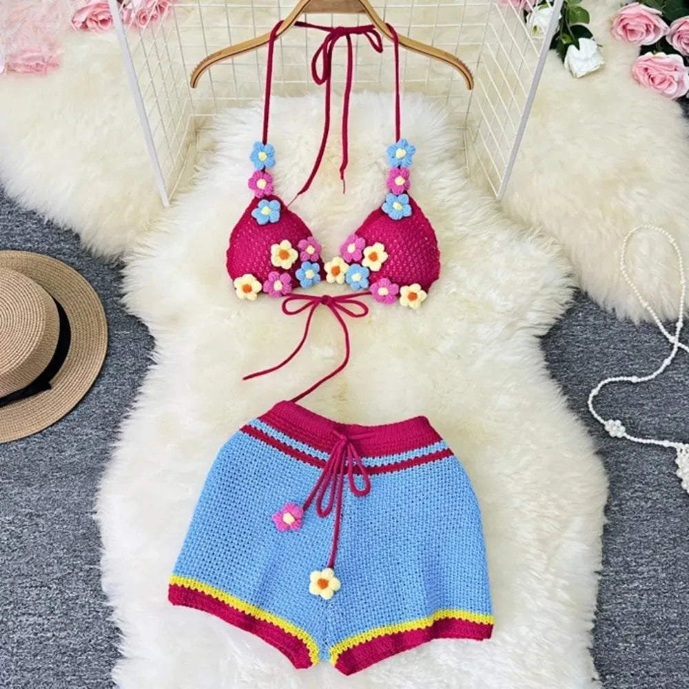 HLJ&GG Sweet Pastoral Fashion Knitting Little Flower Hollow Two Piece Sets Women Halter Lace Up Backless Bra And Shorts Outfits