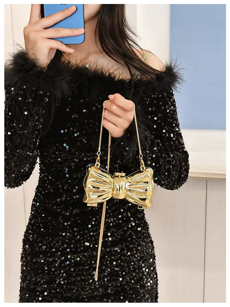 New Mini Evening Bag Metal Purse Crossbody Handbag for Girls Kid Women Bowknot Chain Shoulder Bag for Party Wedding