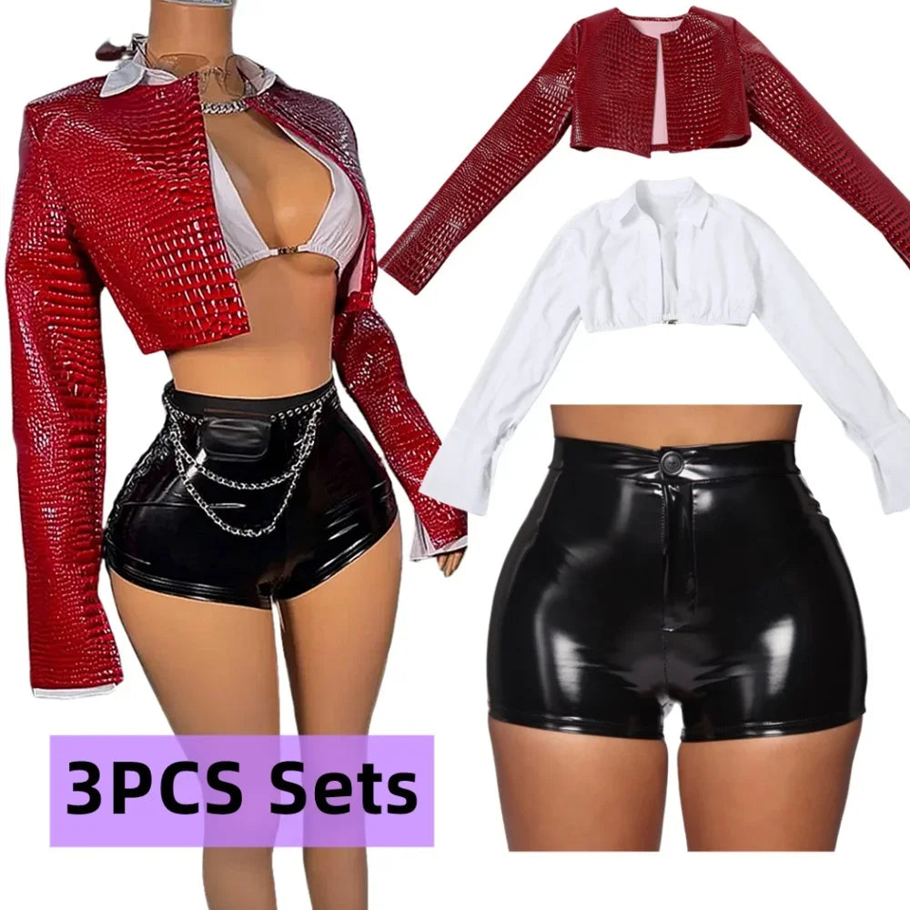 HLJ&GG Fashion Y2K Leather Snake Jacket Coat Three Piece Sets Women Lapel Long Sleeve Crop Top+Shorts Outfits Trend Streetwear