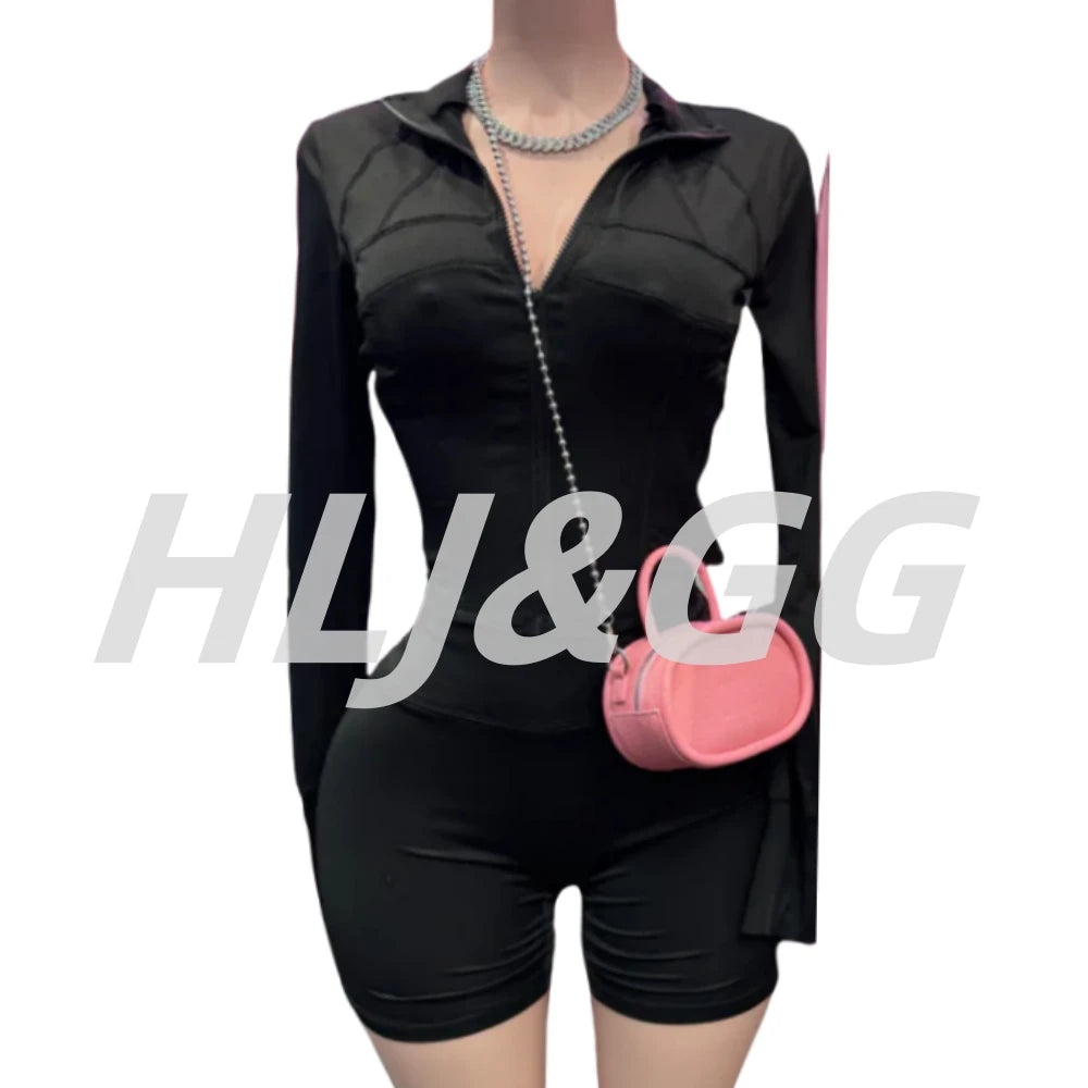 HLJ&GG Casual Sporty Skinny Shorts Two Piece Sets Women Zip Long Sleeve Slim Top + Shorts Outfits Summer New Stretchy Tracksuits