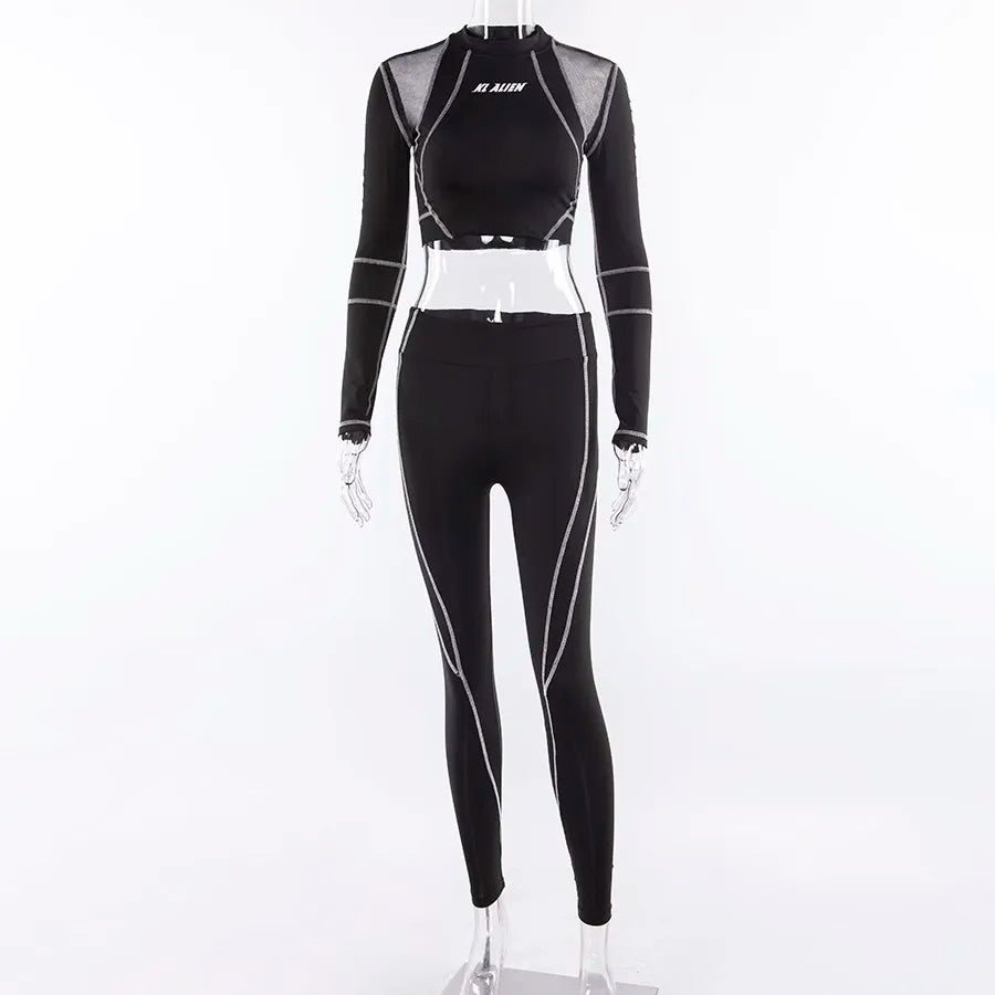 Weird Puss Women Tracksuit Letter Print 2Piece Set Fitness Full Sleeve Crop Top Elastic Leggings Activewear Casual Slim Outfits