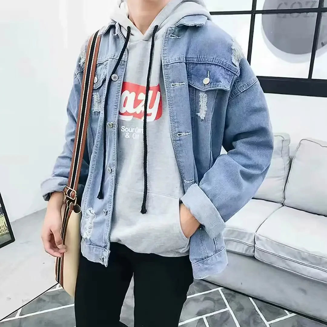 Button Short Casual Slim Cowboy Coat for Men Korean Popular Clothes Denim Jackets Man Loose New In Designer Branded Rock Lxury
