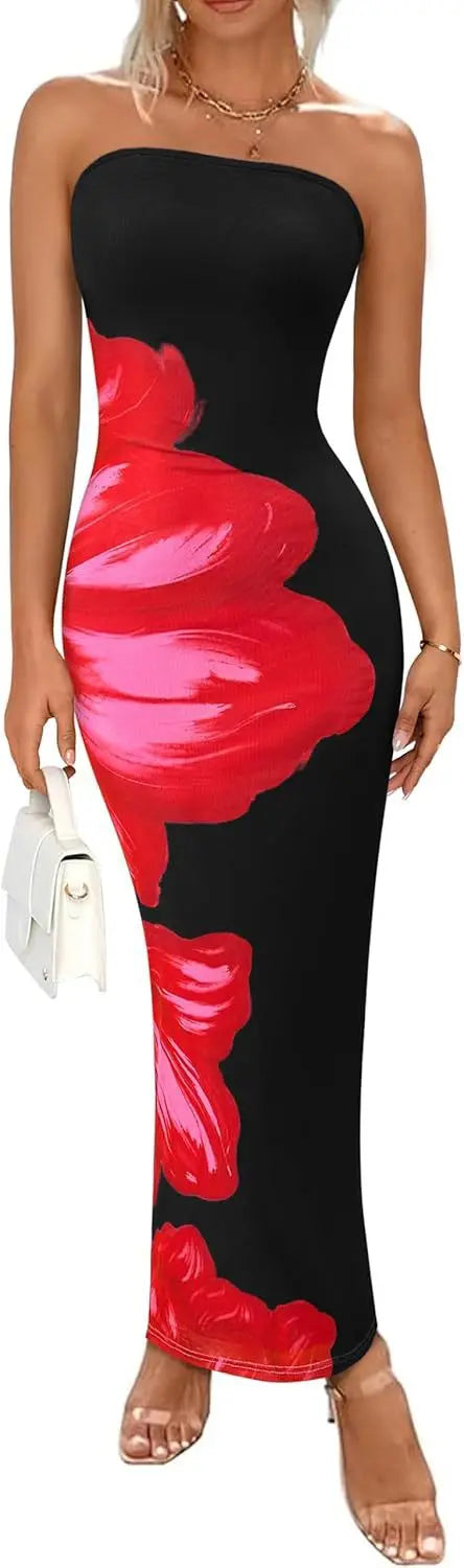 HLJ&GG Sexy Flowers Printing Bodycon Maxi Dresses Women Off Shoulder Sleeveless Backless Slim Vestidos Fashion Streetwear 2025