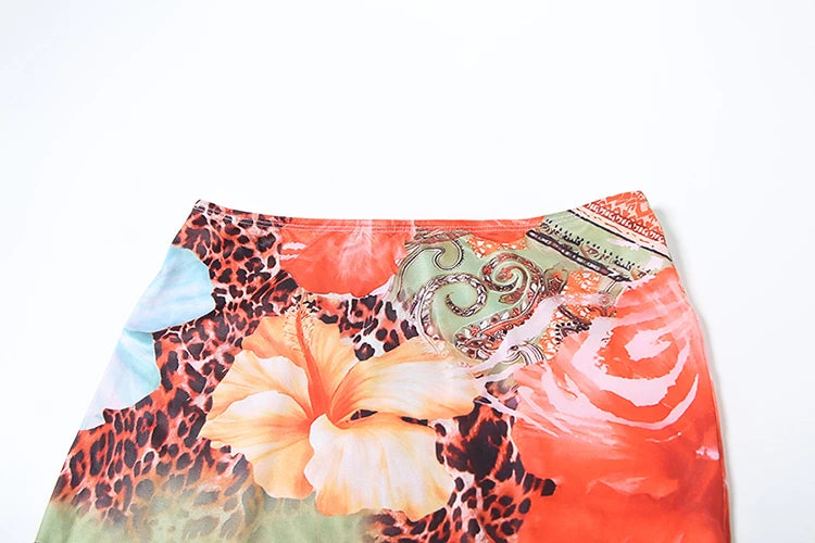 Weird Puss Beach Style Women 3Piece Set Swimsuit Colorful Print Bandage Bra+Briefs+Maxi Skirts Vacation Midnight Club Party Suit