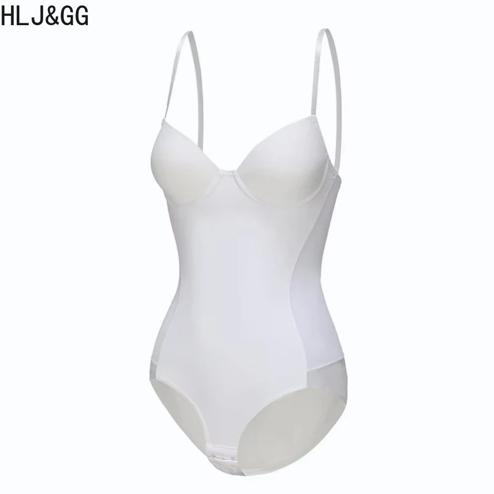 HLJ&GG Sexy High Quality Stretchy Solid One Piece Bodysuits Women V Neck Spaghetti Strap Slim Bodycon Rompers Fashion Jumsuits