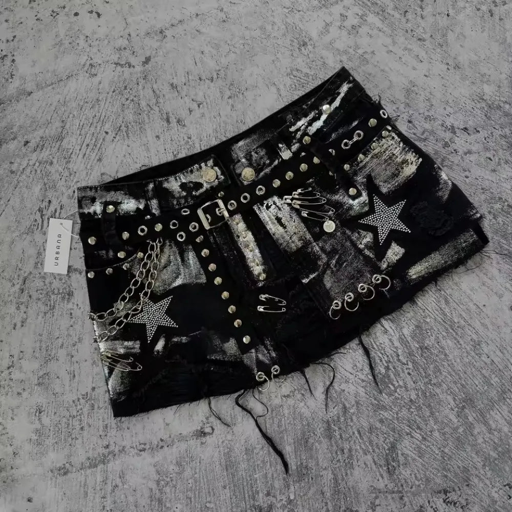 2025 Harajuku Oversized Star Pattern Rivet Y2k Goth Skirt High Waist Hip Bag A Line jeans Mini Skirt Sexy Girl Streetwear Skirts