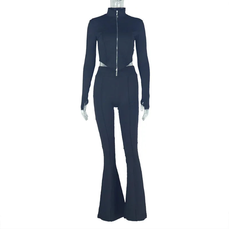 STYLISH LADY Solid Color Sporty 2 Piece Set Women Long Sleeve Crop Top and Flare Pant Suits 2025 Summer Casual Fitness Tracksuit
