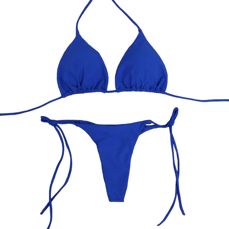 Solid Color Tie-Side G-String Bikini Set Breathtaking Bathing Suit with Feminine Bandage Design Sexy Brazilian Bikini Beachwear