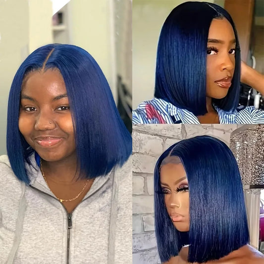 10 12 14 Inches Blue Straight Lace Frontal Human Hair Wigs Navy Blue 13x4 Lace Front Wig Royal Blue Colored Short Bob Wigs