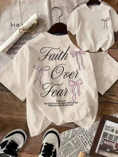 Pink Bow Faith Over Fear Printed Women Tee Shirts All-Match Cotton T-Shirt Casual O-Neck Clothes Hip Hop Y2K Short Sleeve