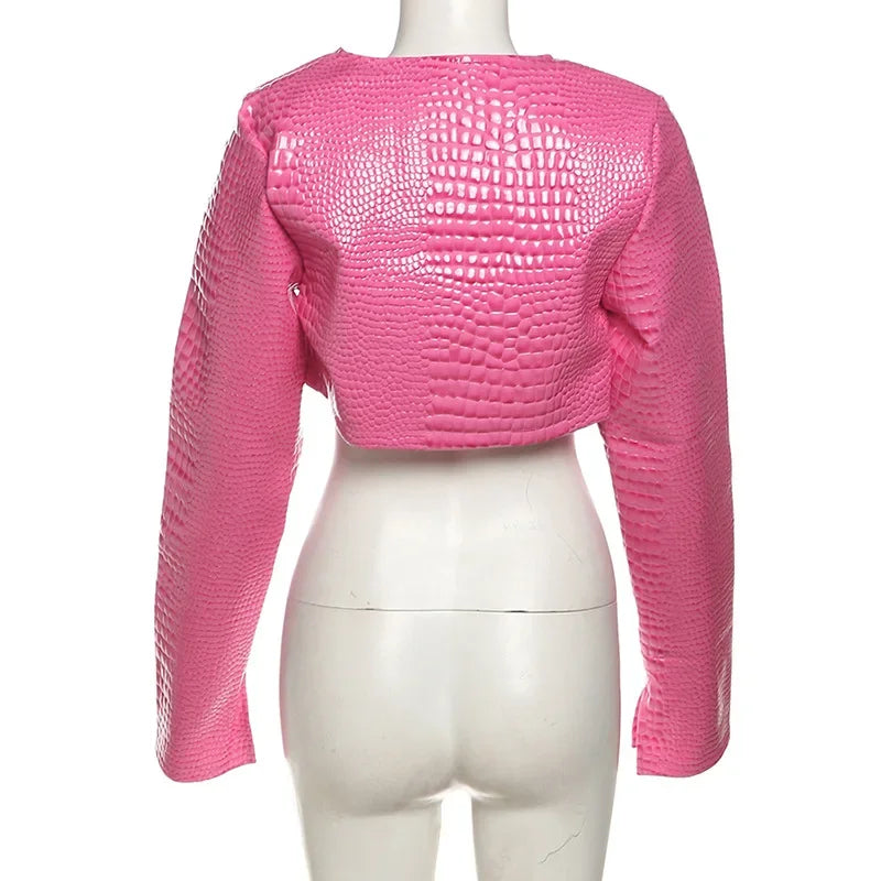 HLJ&GG Fashion Y2K Leather Snake Jacket Coat Three Piece Sets Women Lapel Long Sleeve Crop Top+Shorts Outfits Trend Streetwear