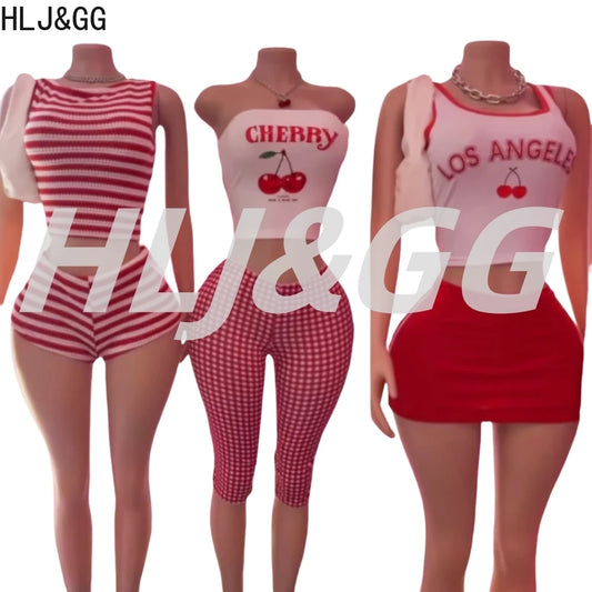 HLJ&GG Red Stripe Knitting Y2K Fashion Streetwear Women O Neck Sleeveless Slim Crop Top And Shorts Two Piece Sets Outfits 2025