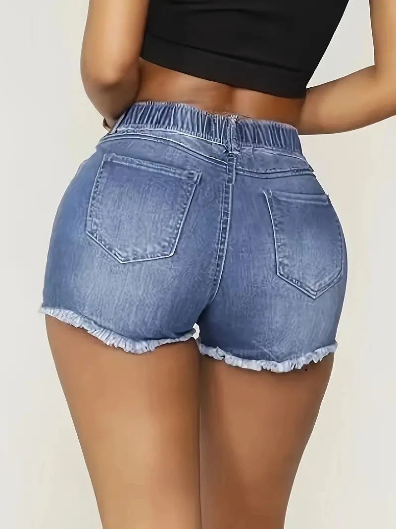 Women Large Size jeans Shorts High Waisted Light Blue Distressed with Drawstring jeans Shorts Trendy Summer Fashion Hot Item
