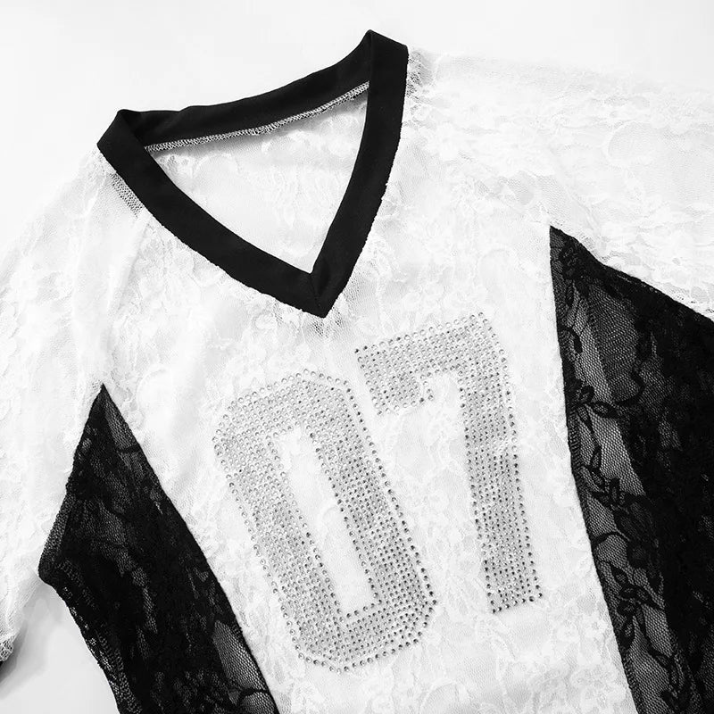 Weird Puss Mesh Patchwork 2 Piece Set Women Rhinestones V-Neck Short Sleeve Crop Tops+Tierred Shorts Skirts Trend Contrast Suit