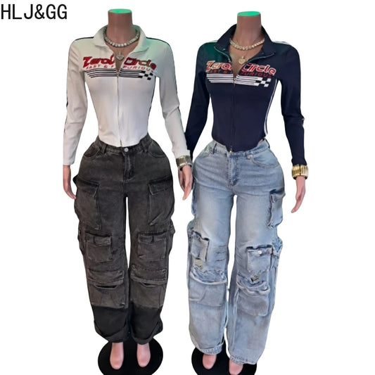 HLJ&GG American Vintage Letter Print Two Piece Sets Women Zip Long Sleeve Slim Top+Denim Pocket Pants Outfits Fashion Streetwear