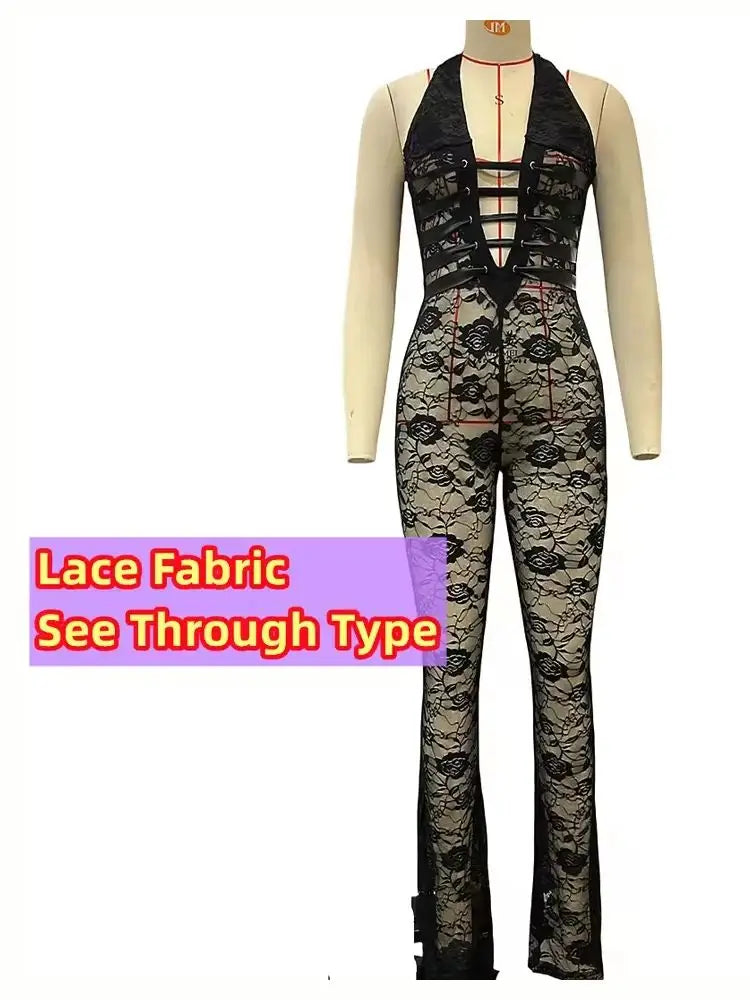 Weird Puss Hollow Bandage Jumpsuits Women Halter Sexy Jacquard Backless Sleeveless Skinny Street Workout Club Hipster Overalls