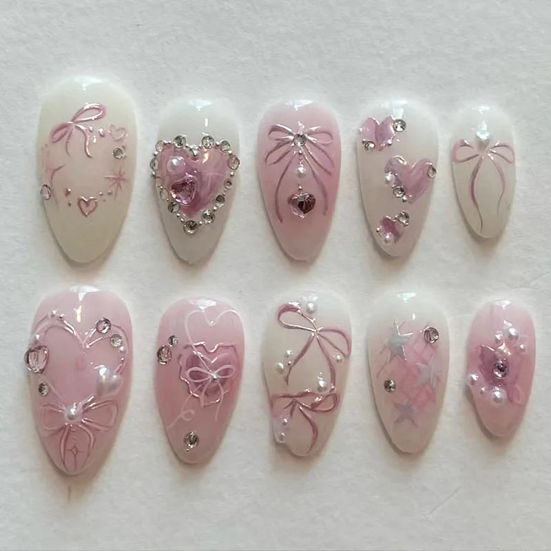 24pcs Pink White Girl Wearing Fake Nails with 3D Bow Design Shiny Pink French False Nails Wearable Full Cover Press on Nails