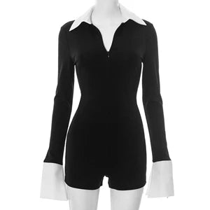 STYLISH LADY Contrast Color Elegant Playsuits 2025 Summer Women Long Sleeve V Neck Bodycon Sexy Club Party Short Rompers